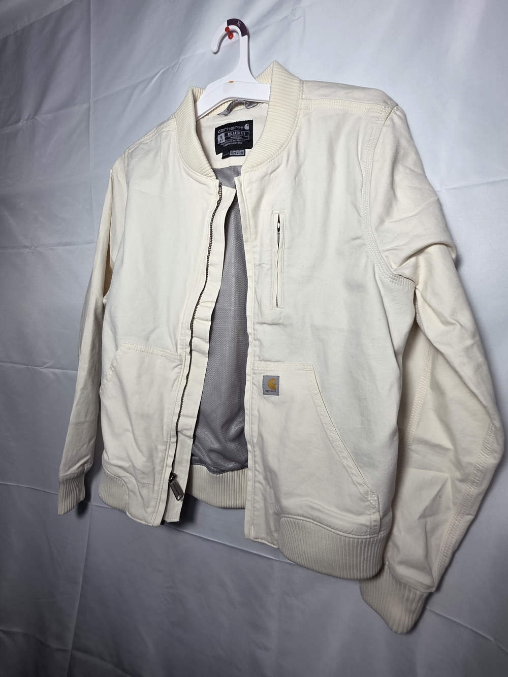 Carhartt Women's Medium Cream Bomber Jacket with Zip Front Workwear Vintage
